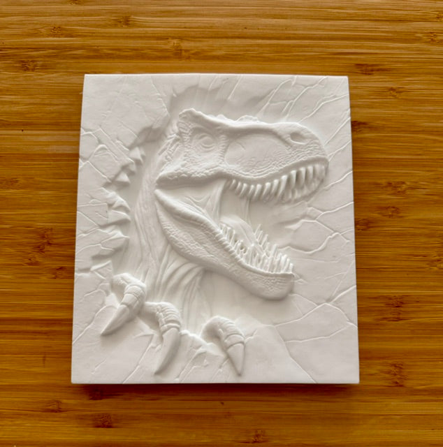 Unpainted T-Rex dinosaur plaster relief tile on wood background