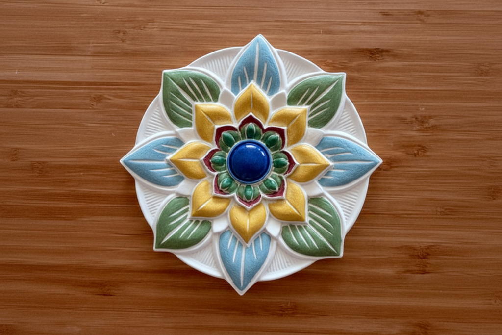 Mandala plate bisque on wood background