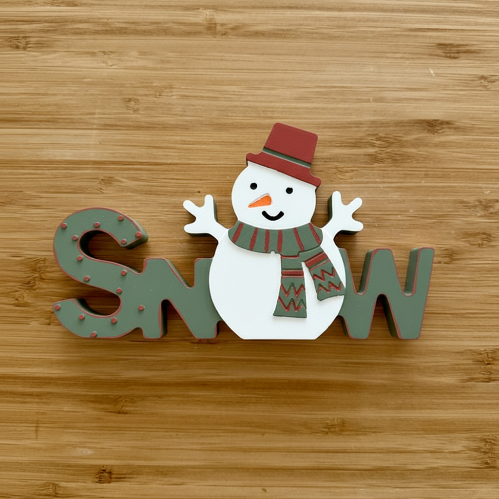 Painted snowman sign on the same wood background