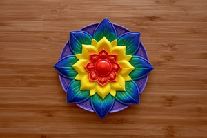 Rainbow painted mandala plate on wood